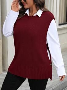 SHEIN LUNE 大码纯色圆领休闲无袖针织背心 - 酒紅色 - 查看 5