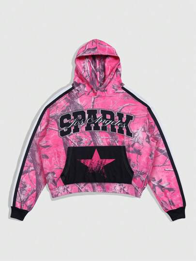 Street Life Herren einfarbige Patchwork Langarm Kapuzenpullover mit Tasche und Buchstaben Muster, minimalistisches Design