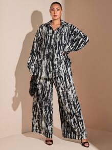 SHEIN BAE 大码黑白扎染印花大码休闲优雅女式衬衫上衣，圣诞节、感恩节、情人节、极简主义、水波纹、宽松衬衫、舒适 - 黑與白 - 查看 3