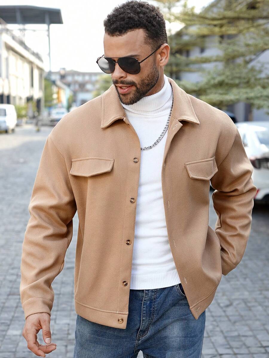 Manfinity Homme Plus Size Men Casual Button-Up Overcoat, Suitable For Autumn Outdoor Everyday Wear Winter Men Jacket