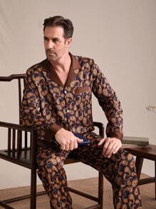 EverLounge 1set Men Solid Color Button Front Long Sleeve Top And Pants Casual Loungewear - Multicolor - View 4