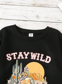SHEIN Girls Digital Desert Print Pink Crew Neck Sweatshirt, Cool Street Style, Suitable For Spring & Autumn - Black - View 3
