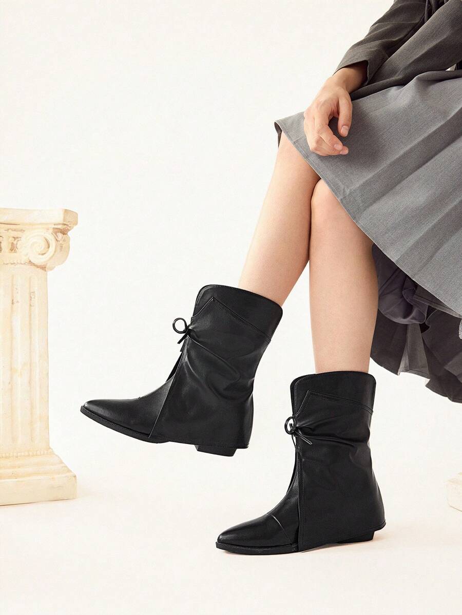 CUCCOO CHICEST Giày bốt cổ cao mũi nhọn thắt nơ đen thời trang cho nữ, thích hợp đi làm, hẹn hò, tiệc tùng, tham quan, lễ hội, nghỉ dưỡng - màu đen - Xem 1