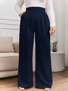 EURMUSE Plus Size Women's High Waisted Loose Pants With Bow Pleated & Button Detail - Navy Blue - View 5