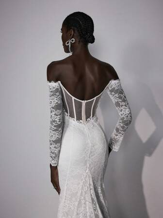 Elitara Elegante, romántico y hermoso vestido de novia de encaje blanco con hombros descubiertos, mangas largas de encaje, silueta de sirena transparente, escote en U, espalda descubierta y gran tren, vestido de boda para mujeres, vestido de novia, novia, para el Día de San Valentín