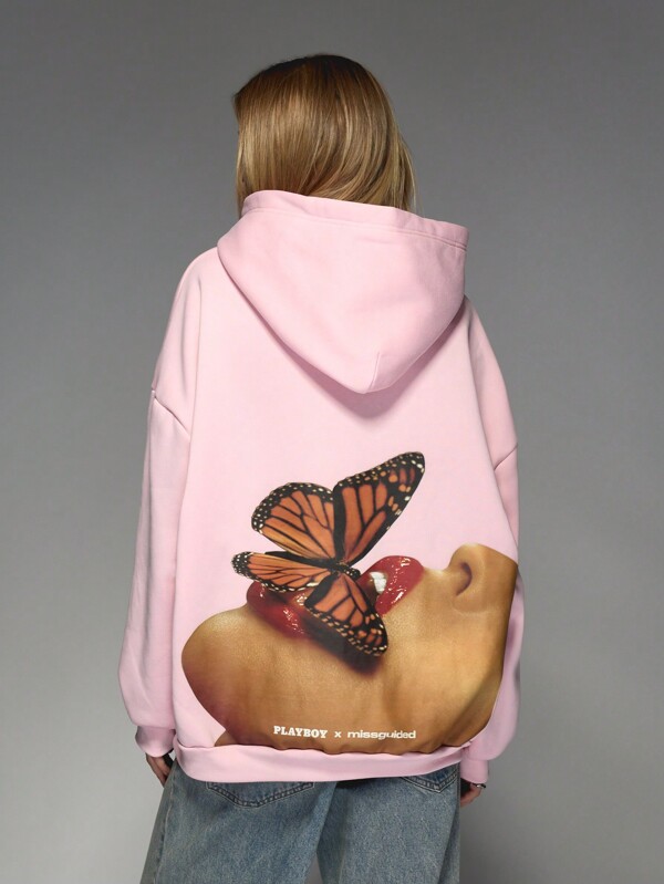 Missguided x Playboy Bluză cu imprimeu fluture supradimensionată, streetwear, pulover, hanorac, toamnă-iarnă, lenjerie de casă, mânecă lungă, casual, atleisure, modă declarație