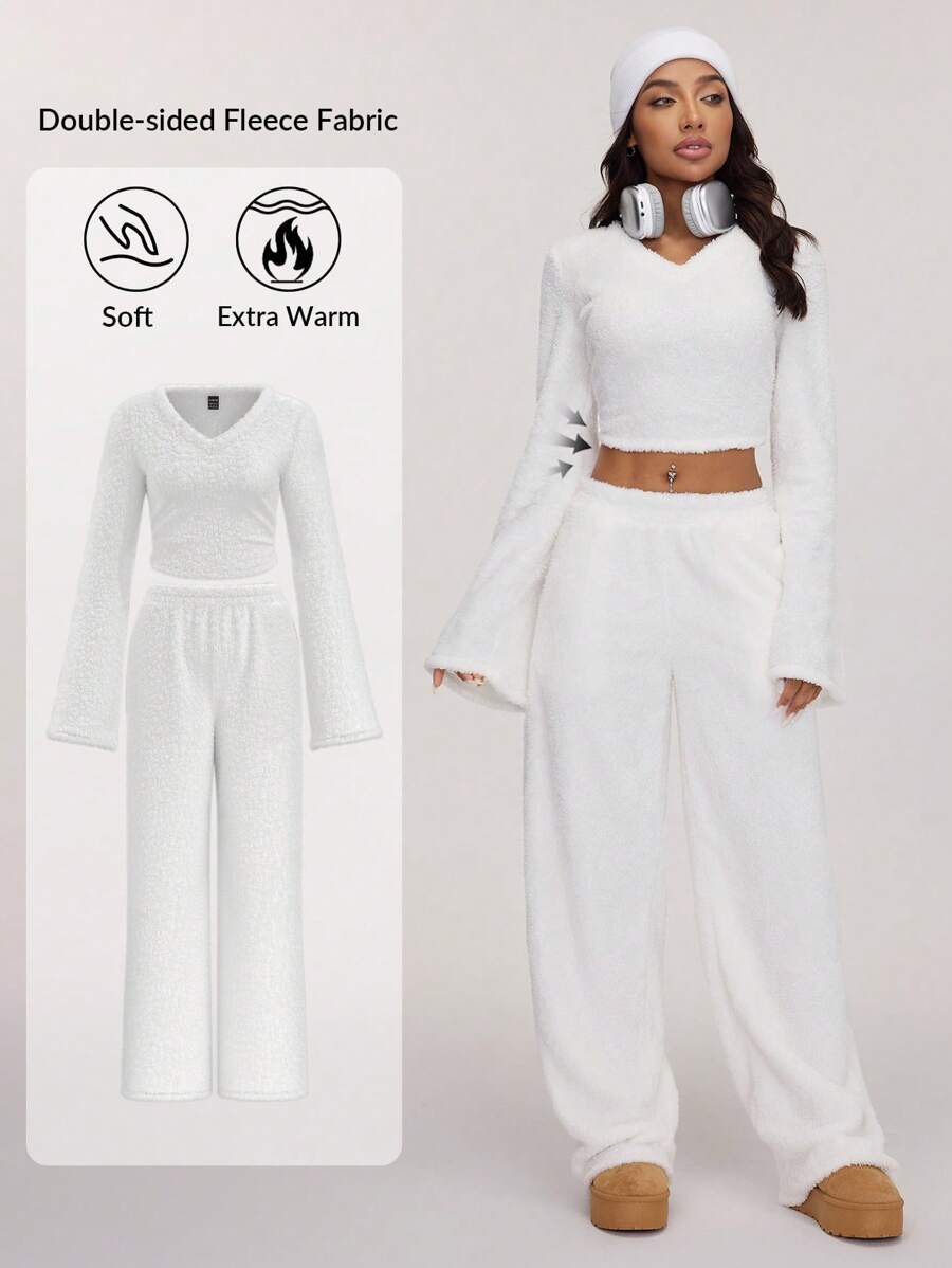 SHEIN BASICS Casual Solid Color Knitted Long Sleeve V-Neck Top & High Waist Long Pants 2pcs Set For Women, Thermal Chic, Cozy Chic, Daily Commute