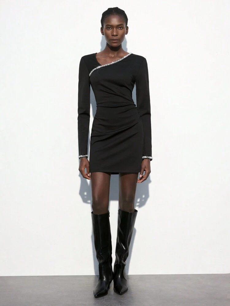 SHEIN Maija Women's Elegant Christmas Mini Dress, Long Sleeve, Solid Color, Asymmetrical Collar, Splice, Fake Rhinestone Decor, Pleated, Slim Fit, Suitable For Autumn/Winter Party