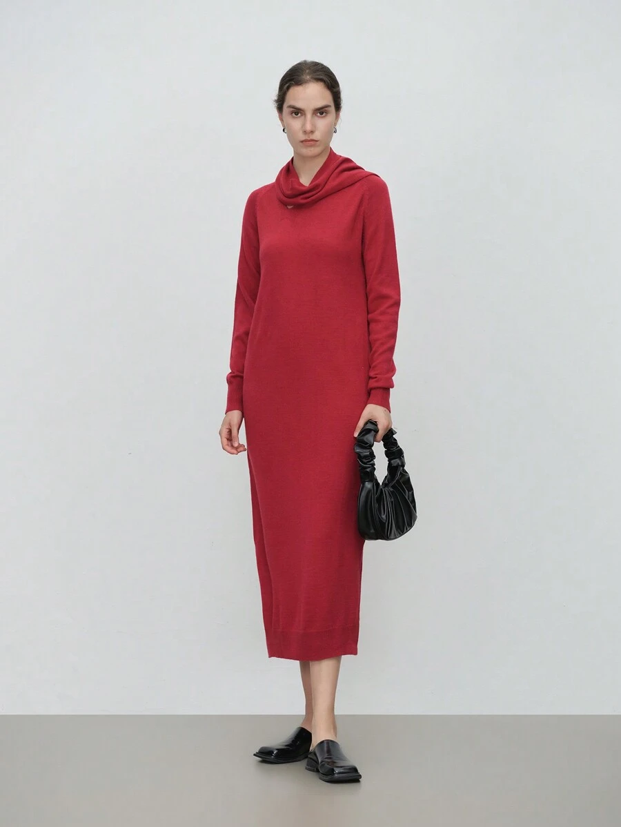 Aalyst 1set Women Minimalist Solid Maxi Knitted Dress With Knitted Scarf Fall Cloth For Women