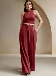 Anewsta 酒红色加大码女式休闲阔腿裤，圣诞节优雅时尚办公室 - 酒紅色 - 查看 4