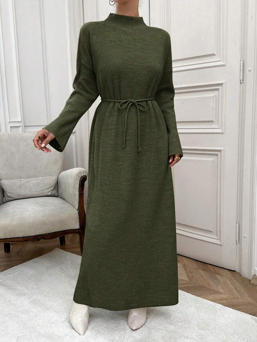EURMUSE Long Sleeve Stand Collar Belted Solid Color Sweater Dress Office Olive Green Autumn Modest Elegant