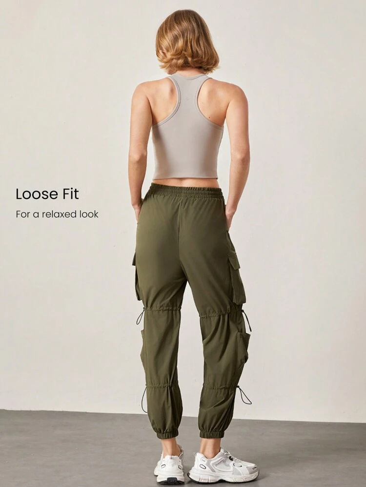 Pantalón de chándal casual y holgado con cintura elástica y múltiples bolsillos para mujer