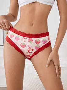 Strawberry Shortcake X SHEIN 2 stuks dames schattige aardbeien bedrukte contrasterende kant sexy en comfortabele slip, roze en rood