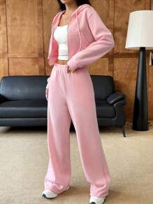 SHEIN EZwear Bộ đồ thể thao quần nỉ và áo hoodie rút dây màu hồng cho nữ - Hồng - Xem 6