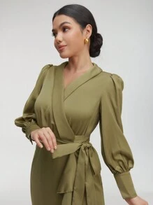 Veilorie Women Dresses Berikat Ruffle Hem Membungkus Plain Anggun - Hijau Tentara - View 5
