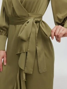 Veilorie Women Dresses Berikat Ruffle Hem Membungkus Plain Anggun - Hijau Tentara - View 6