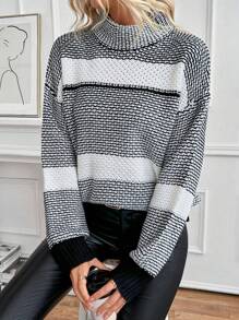 SHEIN LUNE Women's Commuter Contrast Stripe Turtleneck Chunky Knit Sweater