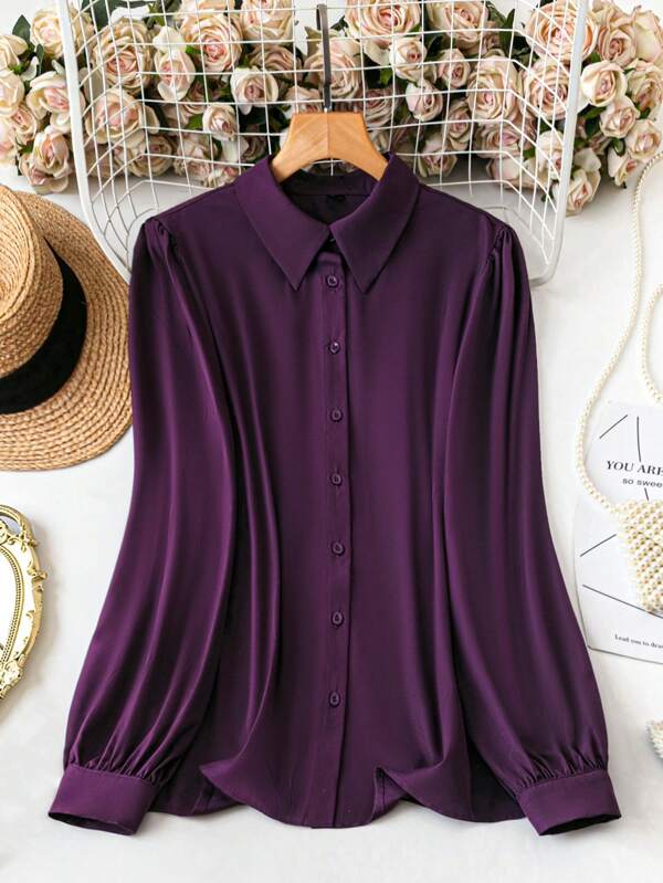 SHEIN LUNE Women Fashion Simple Solid Color Polo Collar Single-Breasted Cardigan, Elegant Commuting All-Match Lantern Long Sleeve Shirt In Purple