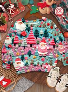 SHEIN 年轻女孩圣诞节可爱圣诞老人和圣诞树刺绣纹理印花休闲宽松圆领舒适针织长袖运动衫，适合秋冬季 - 彩色 - 查看 2