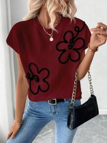 SHEIN LUNE Floral Pattern Wide Strap Short Sleeve Knit Sweater Top For Women For New Year Clothes