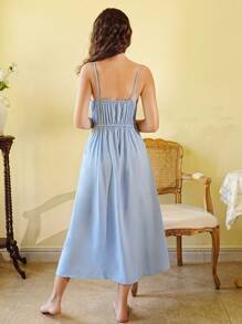 Côtesoire 女士刺绣花卉贴花吊带睡裙睡衣裙 - 淺藍色 - 查看 2