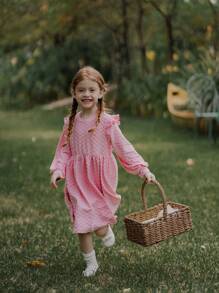 SHEIN Young Girl Pink Elegant Cap Sleeve Jacquard Pattern Dress,Flower Girl Fairy Style For Birthday Party,Autumn New Year Gift,Daily Outdoor Fashionable - Purple - View 7