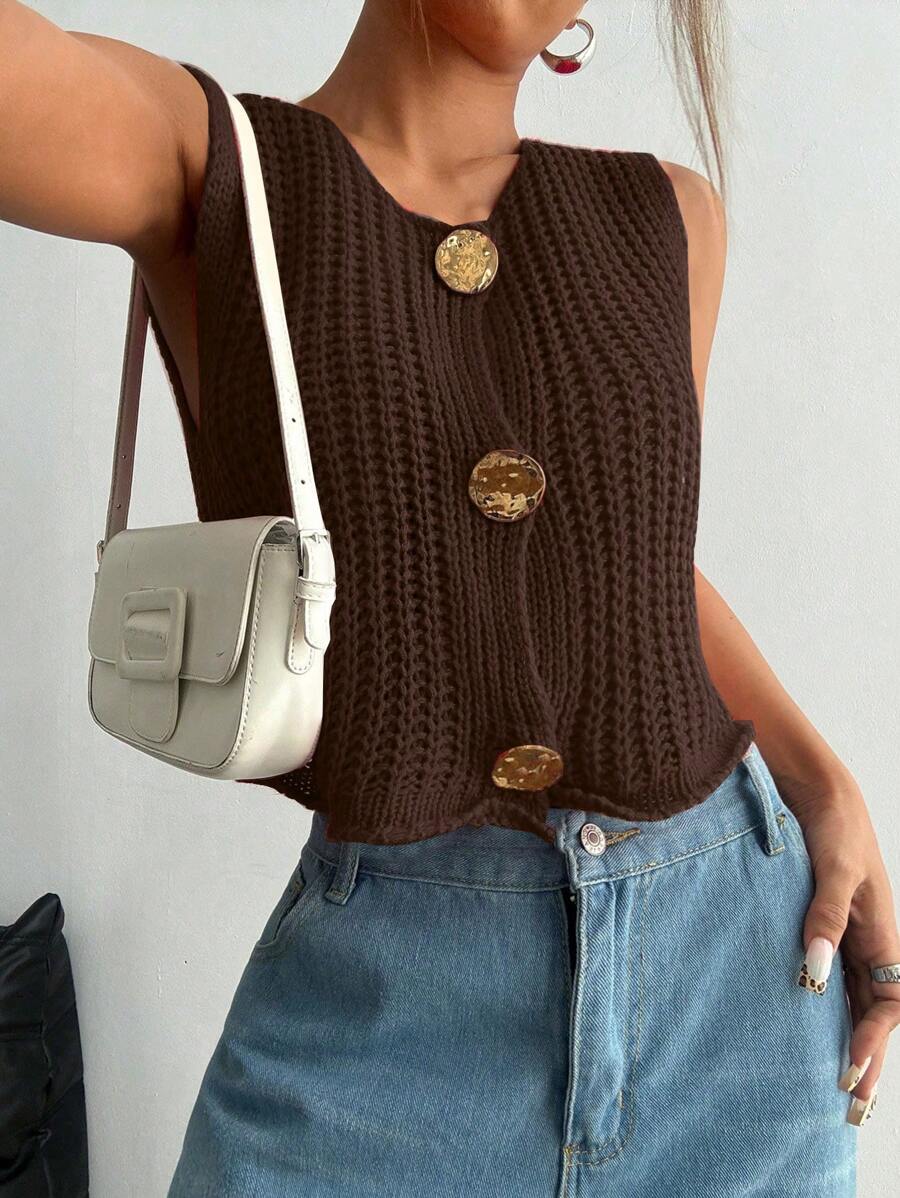 SHEIN Unity Áo dệt kim không tay cài nút phía trước dành cho nữ - Màu nâu Sô-cô-la - Xem 1