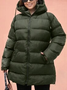 EURMUSE 大码 女款 拉链 抽绳 连帽 加厚 羽绒大衣 - 軍綠色 - 查看 7