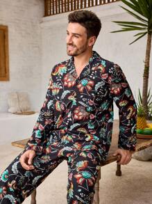 Manfinity ChillVibe 1 Set Men Floral Print Grandad Collar Single Breasted Long Sleeve Top And Pants Pajama Set - Mint Green - View 5