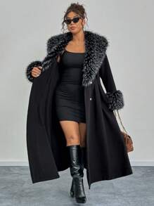 EMERY ROSE Plus Size Women Elegant Long Fur Collar & Cuff Winter Coat - Black - View 8
