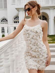 Aveloria Rosie Vestido de fiesta mini con tirantes finos, adornado con plumas y lentejuelas, para mujer, apto para otoño/invierno