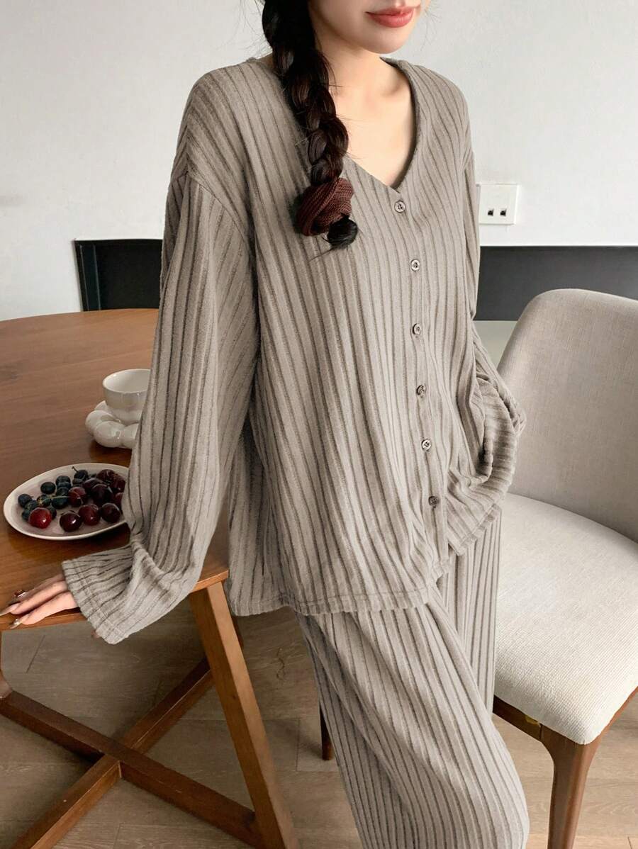 DAZY Basic V-Neck Ribbed Home Wear Pajama Set, Autumn/Winter - Khaki - View 1