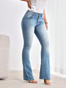 SHEIN LUNE Casual Washed Low-Waist Slim-Fit Flare Jeans - Light Wash - View 7