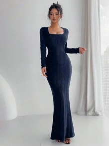 Chiquease 优雅纯色美人鱼修身长裙，秋冬长款女装 - 藏蓝色 - 查看 3