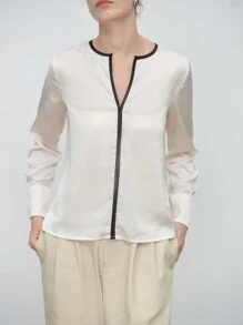 SHEIN LUNE Elegant Beige Loose Fit Regular Woven Long Sleeve Women Shirt Fall Cloth For Women - Apricot - View 4
