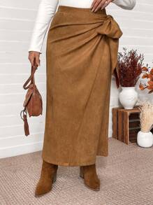 SHEIN VCAY Váy nơ buộc nơ bằng da lộn kaki cỡ lớn, váy phong cách boho phương Tây giản dị cho mùa thu/đông - Màu Khaki - Xem 2