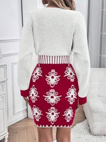 SHEIN Clasi New Fashion V-Neck Sexy Fitted Floral Print Long Sleeve Sweater Dress - Multicolor - View 2