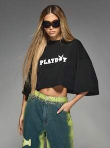 Missguided x Playboy 超大落肩短款徽标印花 T 恤，喇叭袖，带有醒目的图形设计，休闲街头服饰秋冬 - 黑色 - 查看 1