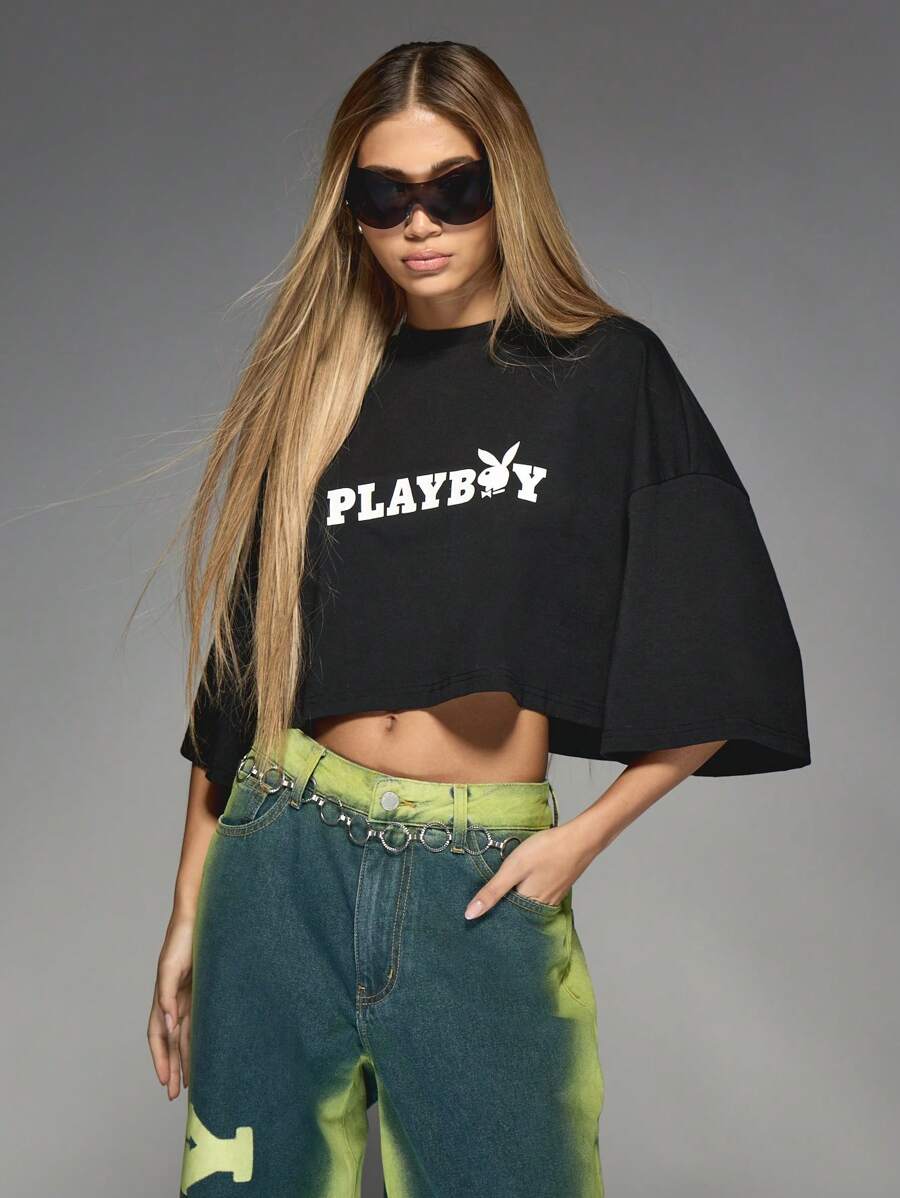 Missguided x Playboy 超大落肩短款徽标印花 T 恤，喇叭袖，带有醒目的图形设计，休闲街头服饰秋冬 - 黑色 - 查看 1