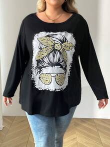 SHEIN CURVE+ Áo thun dài tay in hình nhân vật hoạt hình cỡ lớn cho nữ, Xuân Thu - màu đen - Xem 7