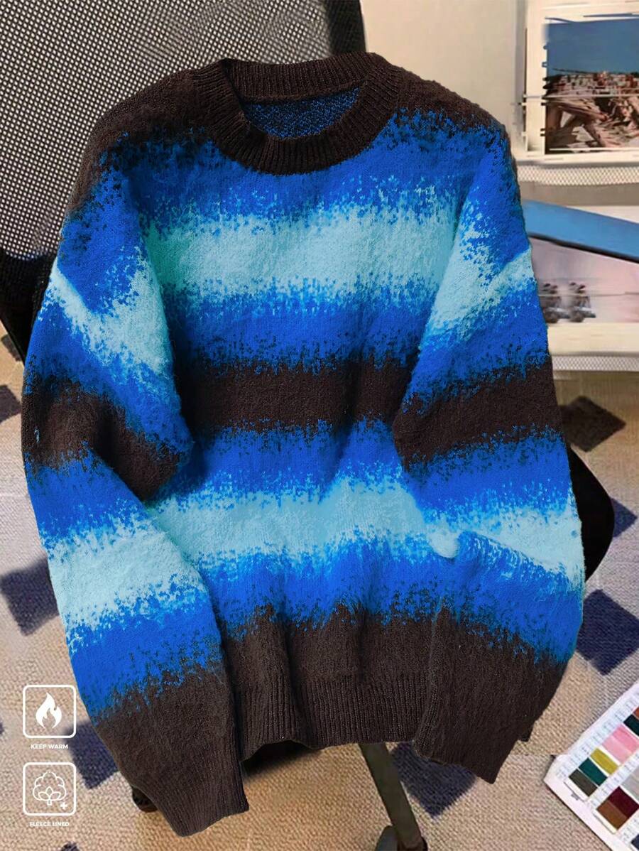 Claim Dot Men Casual Ombre Striped Drop Shoulder Sweater, Autumn/Winter - Brown - View 1