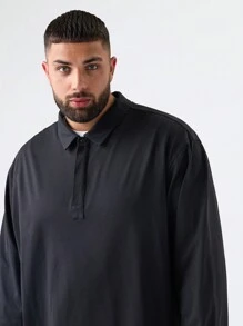 Manfinity VCAY Camisa polo de manga larga estilo casual de color liso para hombres de talla grande, para salir en otoño