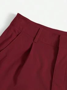 SHEIN Essnce Quần short dệt xếp ly rộng rãi màu trơn cho nữ - Màu Đỏ Sâu - Xem 4