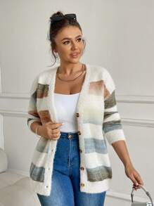 SHEIN LUNE Áo len cardigan dệt kim rộng rãi màu trơn cổ chữ V đơn hàng khuy đơn cho nữ cỡ lớn, vải dày hơn thích hợp cho lễ Halloween, ngày lễ tình nhân, lễ tạ ơn, giáng sinh, lễ phục sinh, ngày quốc khánh, tiệc năm mới, cho mùa đông - Nhiều màu - Xem 5
