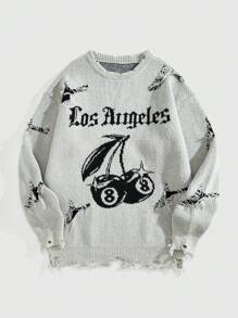 ROMWE MEN Street Life 1pc Men Graphic Pattern Jacquard Crew Neck Casual Pullover Sweater, Suitable For Daily Wear - Grey - View 1