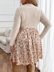 SHEIN VCAY 大码杏色针织长袖立领拼布碎花连衣裙，百搭度假休闲装，温暖，秋冬 - 彩色 - 查看 3