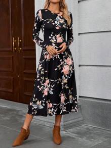EMERY ROSE Women's Floral Print Round Neck Long Sleeve Elegant Mid-Length Dress, Autumn Dresses For Women