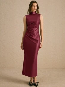 Poéselle 女士弹力皮革立领褶皱中长连衣裙：优雅迷人的修身皮革连衣裙，非常适合日常穿着、派对、秋季时尚或万圣节服装，将精致与前卫风格相结合，百搭的中长款。 - 酒紅色 - 查看 6