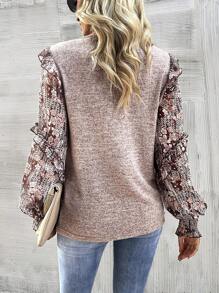 EMERY ROSE Women Crew Neck Long Sleeve Floral Print Patchwork Casual Blouse Fall Cloth For Women - Coffee Brown - View 2