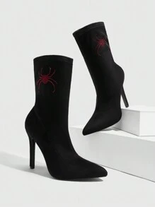 CUCCOO SZL 女士尖头细高跟踝靴，性感黑色派对/节日中筒靴，带水钻 - 黑色 - 查看 2